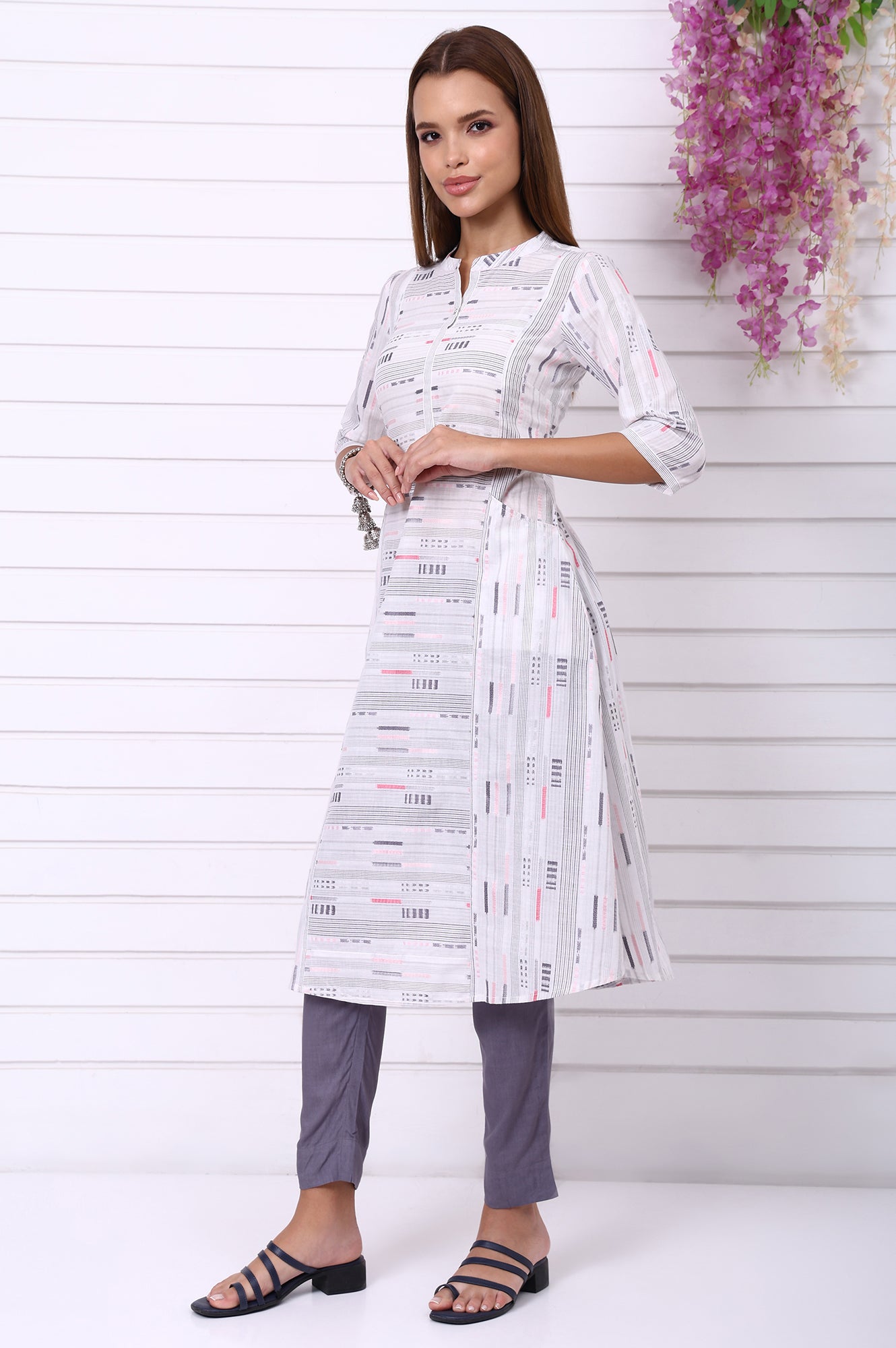 White Geometric Printed Yarn Dyed A-line Kurta and Trousers Co-ord Set