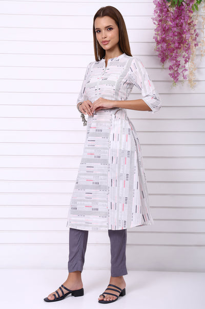 White Geometric Printed Yarn Dyed A-line Kurta and Trousers Co-ord Set
