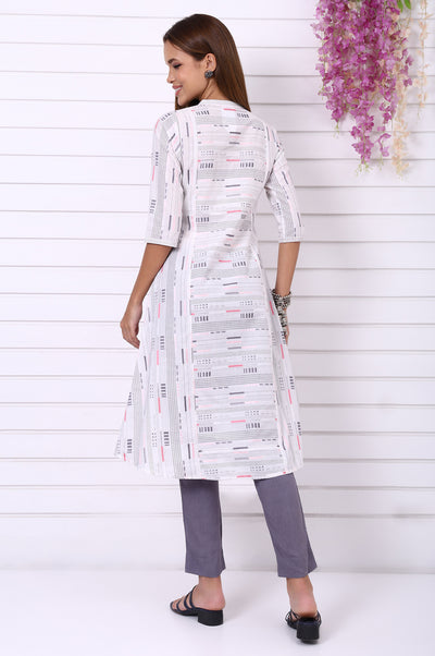 White Geometric Printed Yarn Dyed A-line Kurta and Trousers Co-ord Set