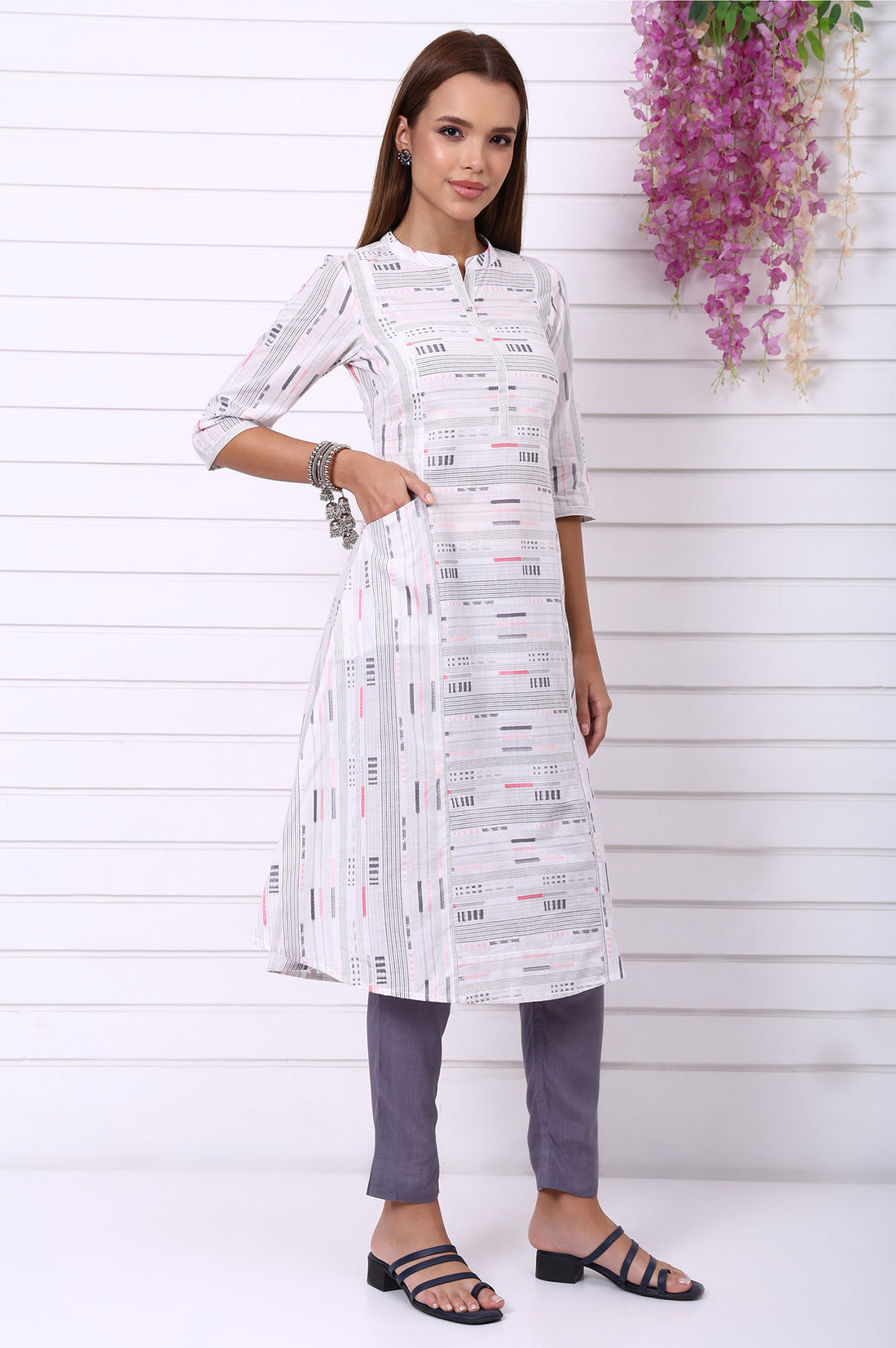 White Geometric Printed Yarn Dyed A-line Kurta and Trousers Co-ord Set