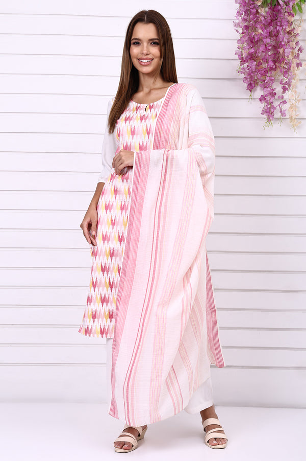 White Geometric Printed Cotton Rayon Straight Kurta, Trousers and Dupatta Set