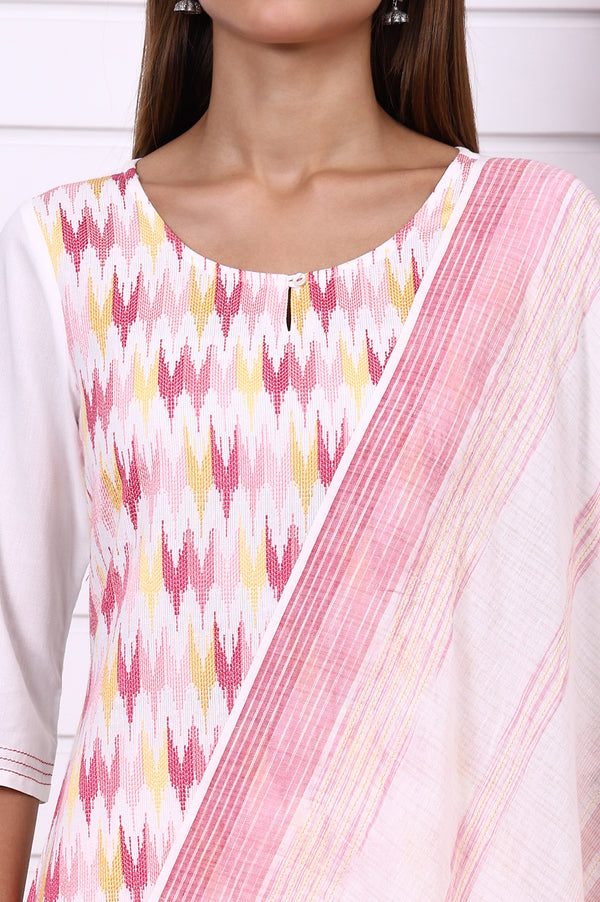 White Geometric Printed Cotton Rayon Straight Kurta, Trousers and Dupatta Set
