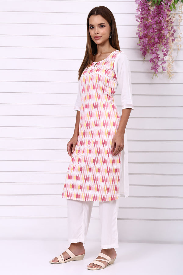 White Geometric Printed Cotton Rayon Straight Kurta, Trousers and Dupatta Set