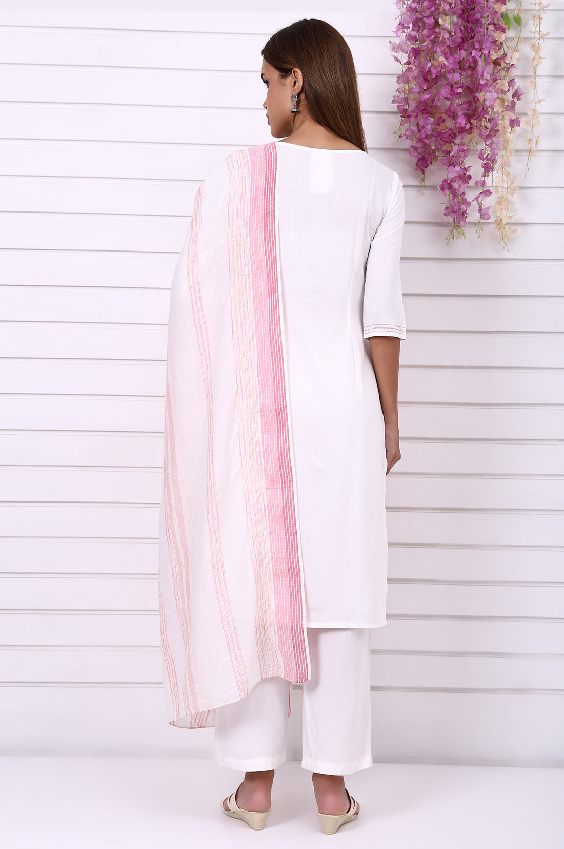 White Geometric Printed Cotton Rayon Straight Kurta, Trousers and Dupatta Set