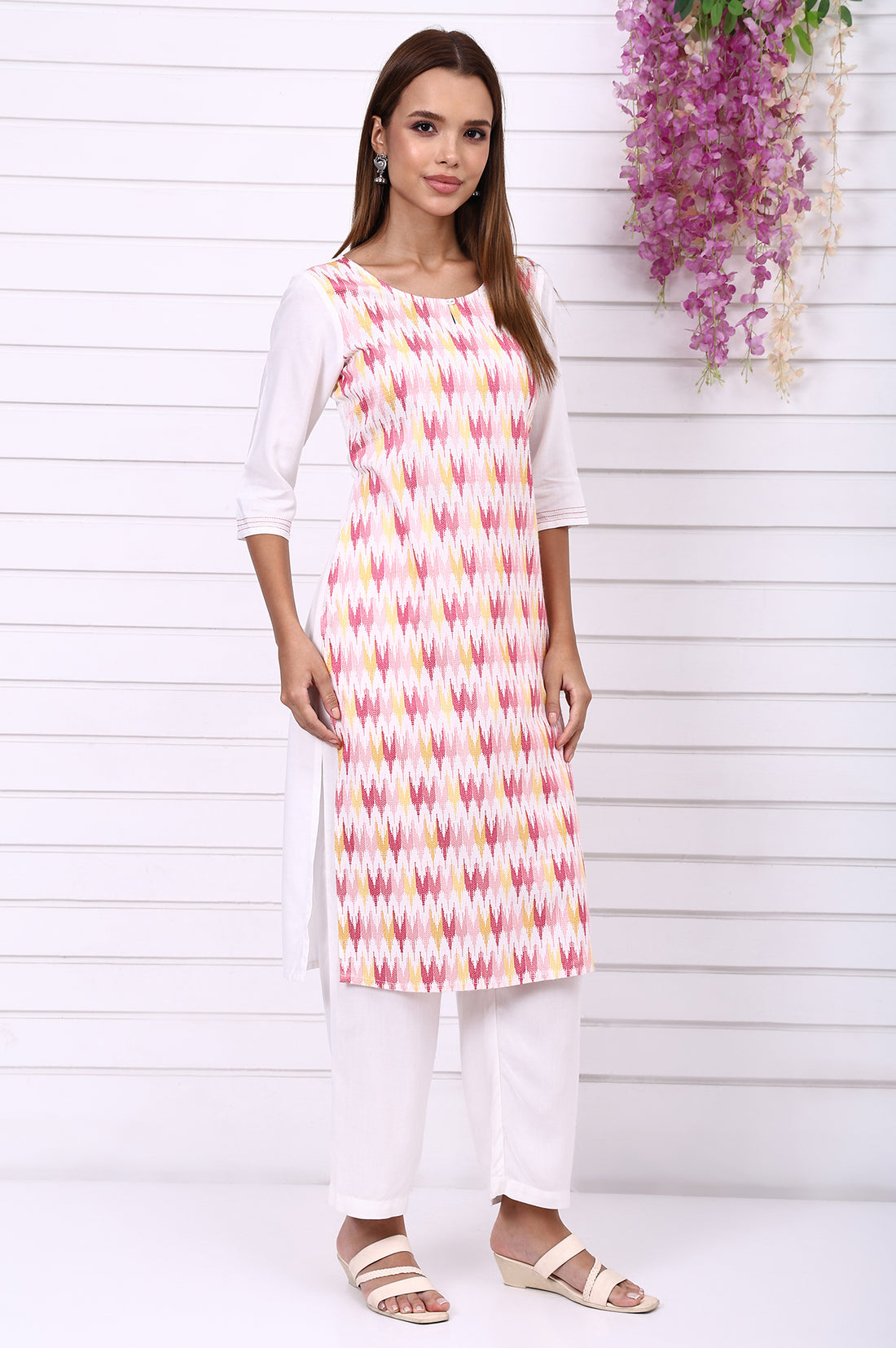 White Geometric Printed Cotton Rayon Straight Kurta, Trousers and Dupatta Set
