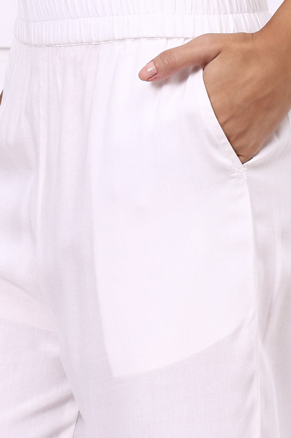 White Geometric Printed Cotton Rayon Straight Kurta, Trousers and Dupatta Set