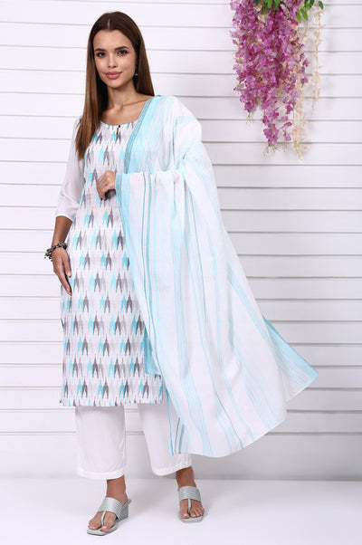 White Geometric Printed Cotton Rayon Straight Kurta, Trousers and Dupatta Set