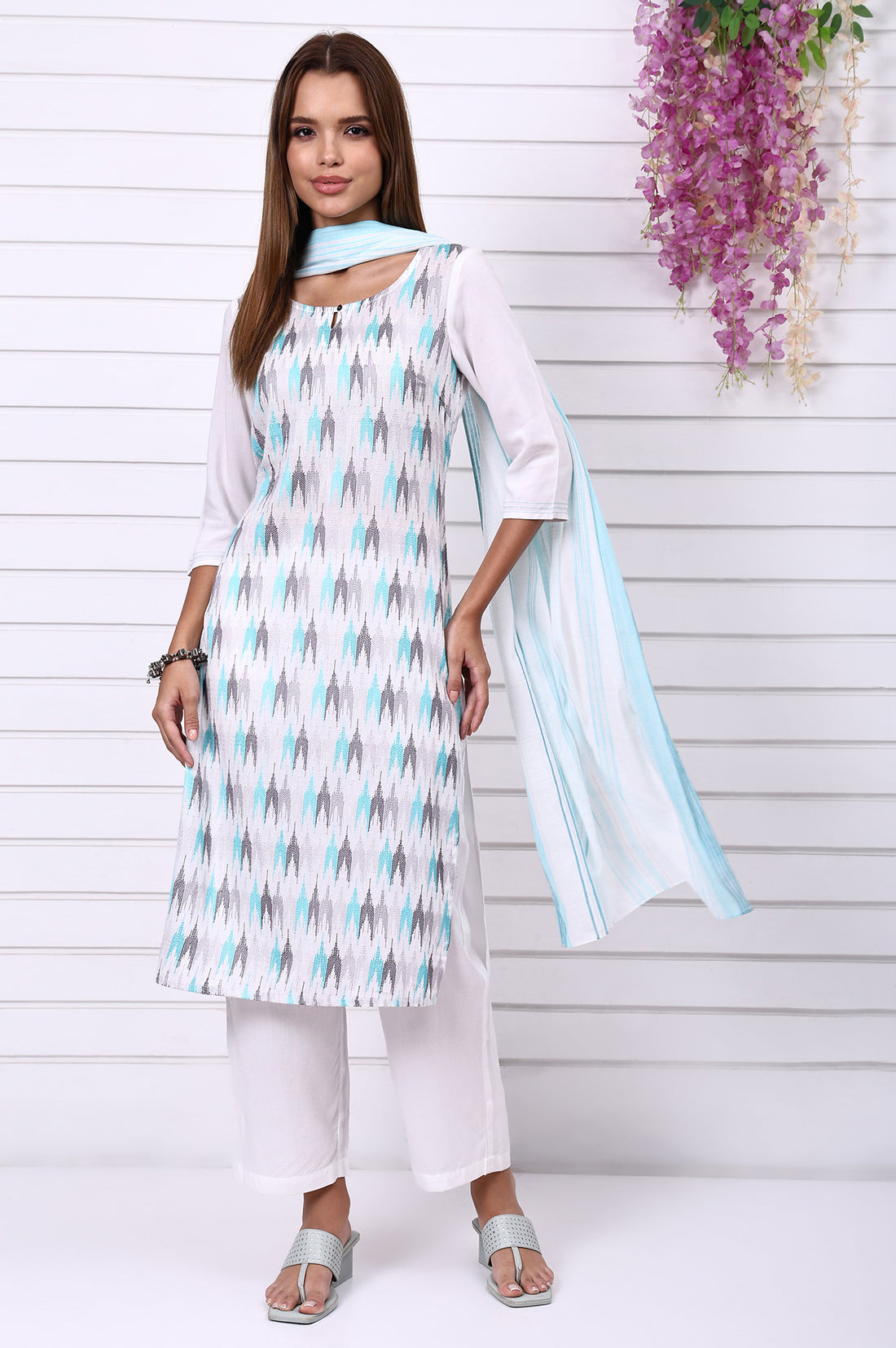 White Geometric Printed Cotton Rayon Straight Kurta, Trousers and Dupatta Set