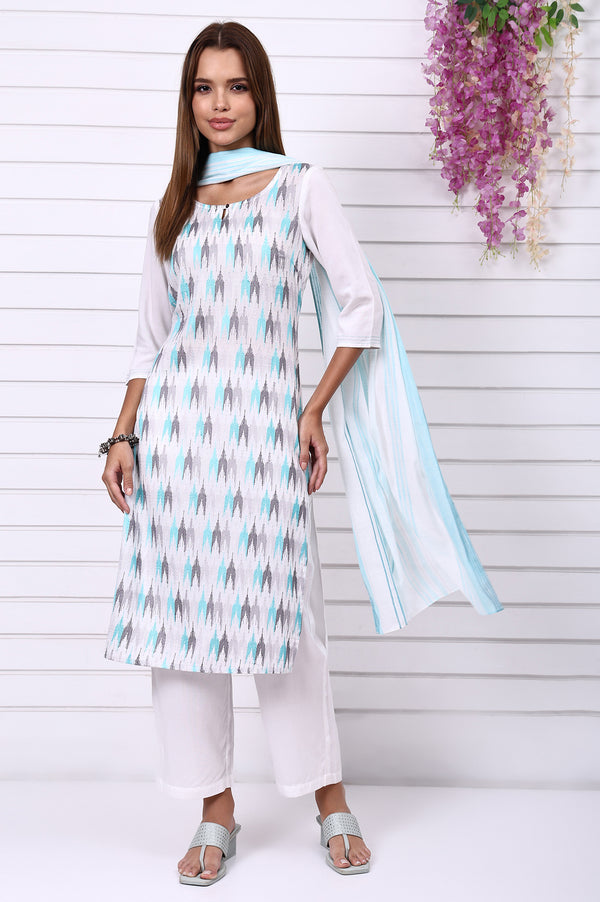 White Geometric Printed Cotton Rayon Straight Kurta, Trousers and Dupatta Set
