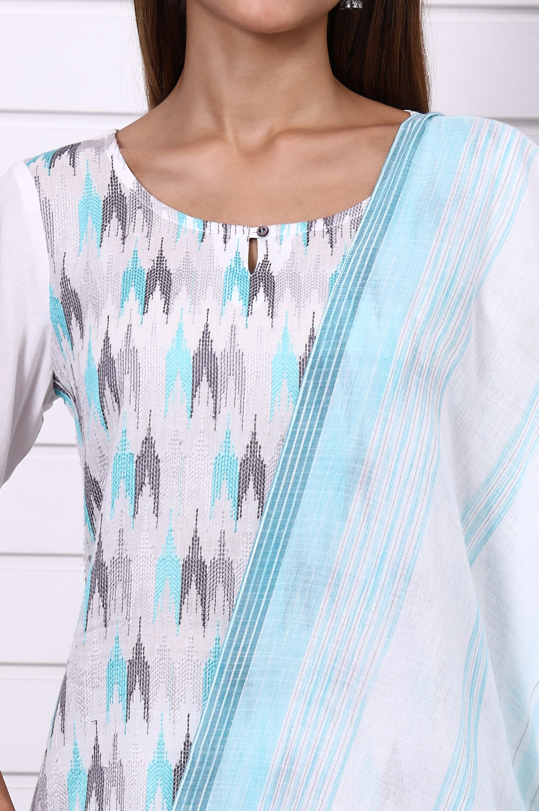 White Geometric Printed Cotton Rayon Straight Kurta, Trousers and Dupatta Set