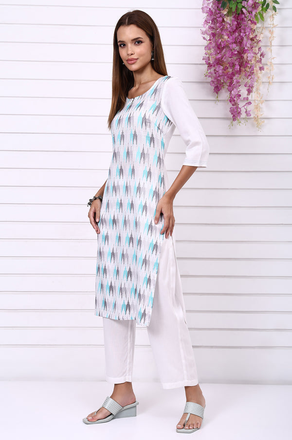 White Geometric Printed Cotton Rayon Straight Kurta, Trousers and Dupatta Set