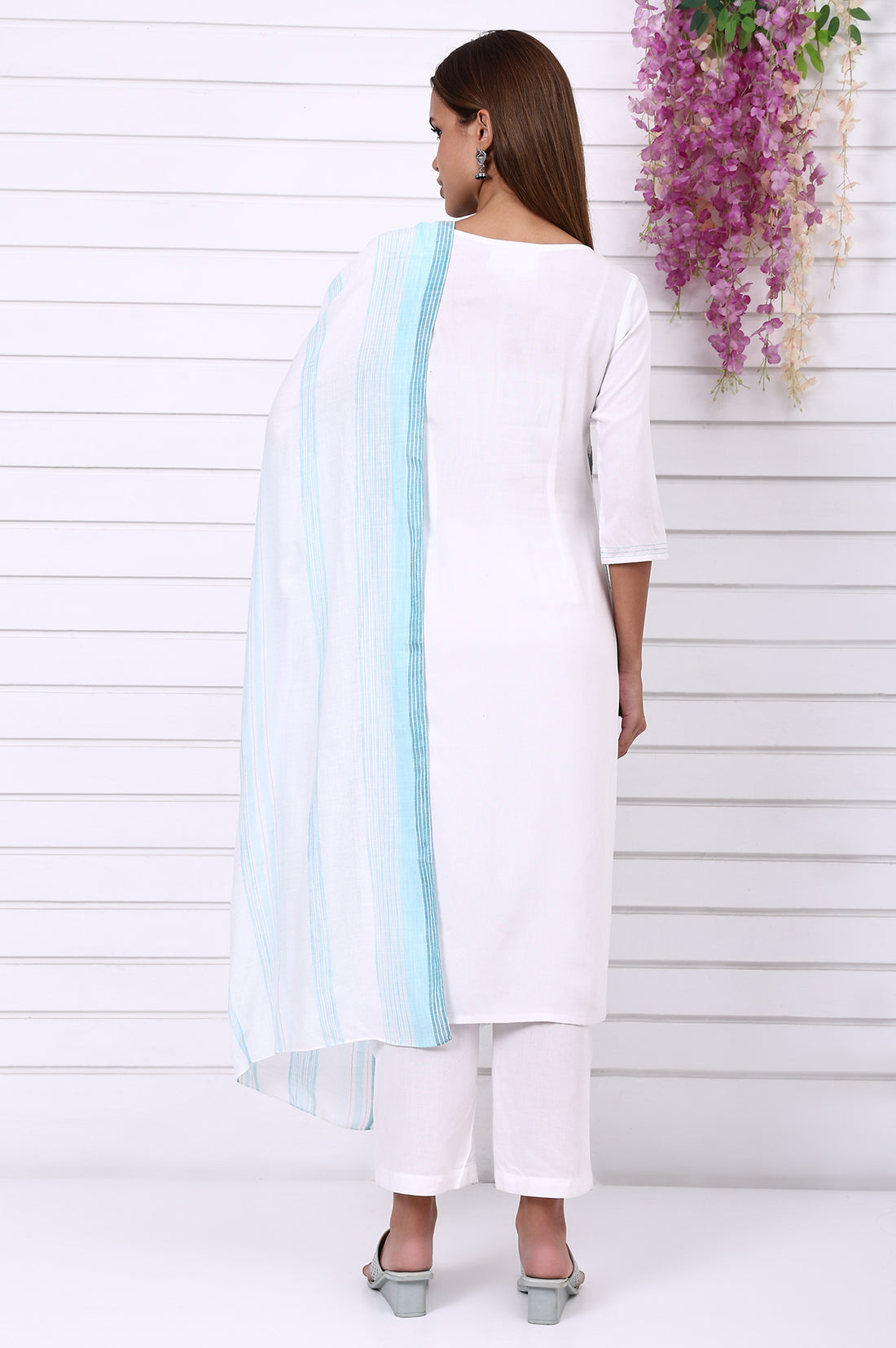 White Geometric Printed Cotton Rayon Straight Kurta, Trousers and Dupatta Set