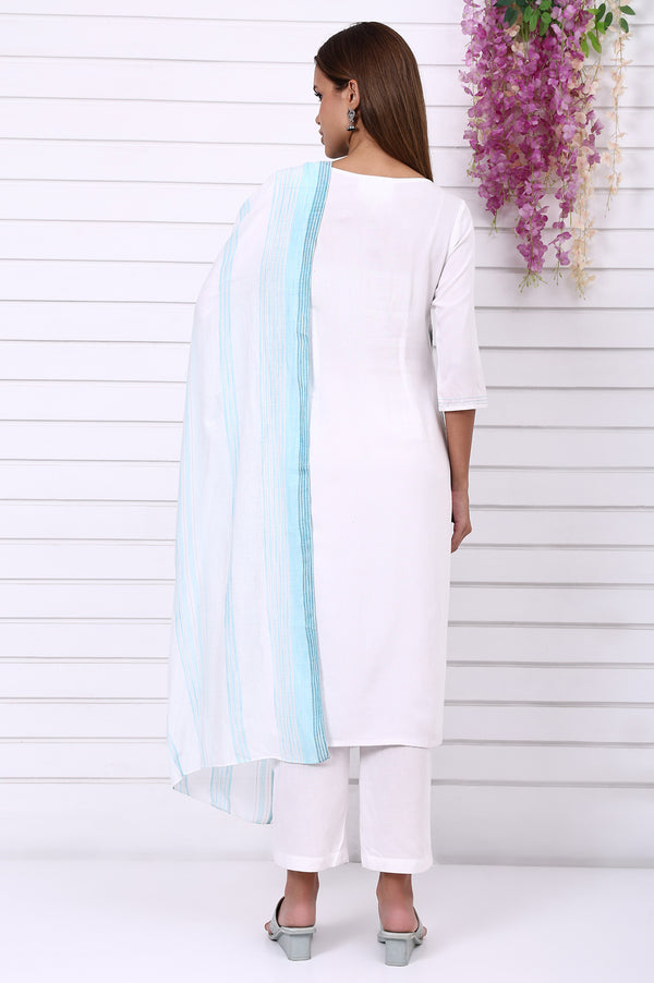 White Geometric Printed Cotton Rayon Straight Kurta, Trousers and Dupatta Set