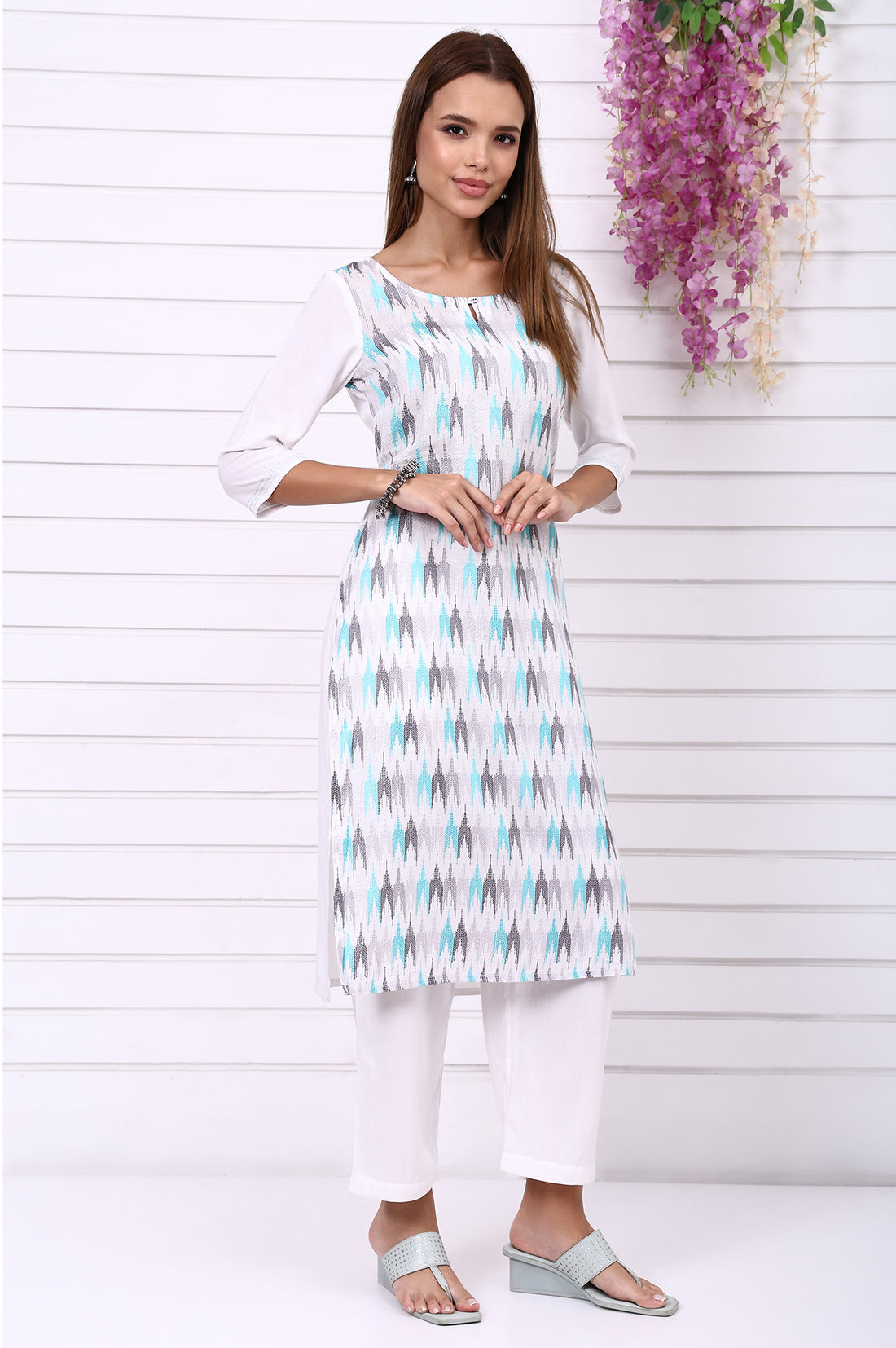 White Geometric Printed Cotton Rayon Straight Kurta, Trousers and Dupatta Set