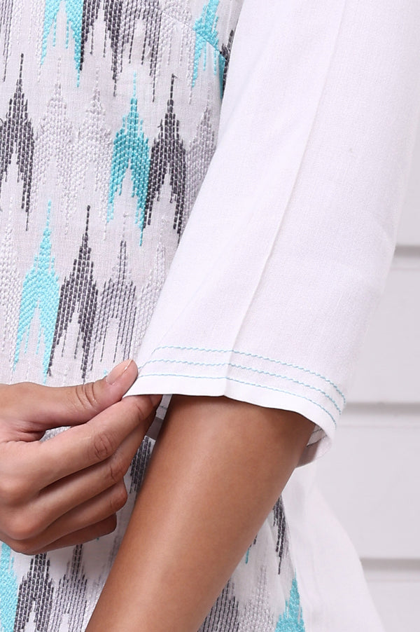 White Geometric Printed Cotton Rayon Straight Kurta, Trousers and Dupatta Set