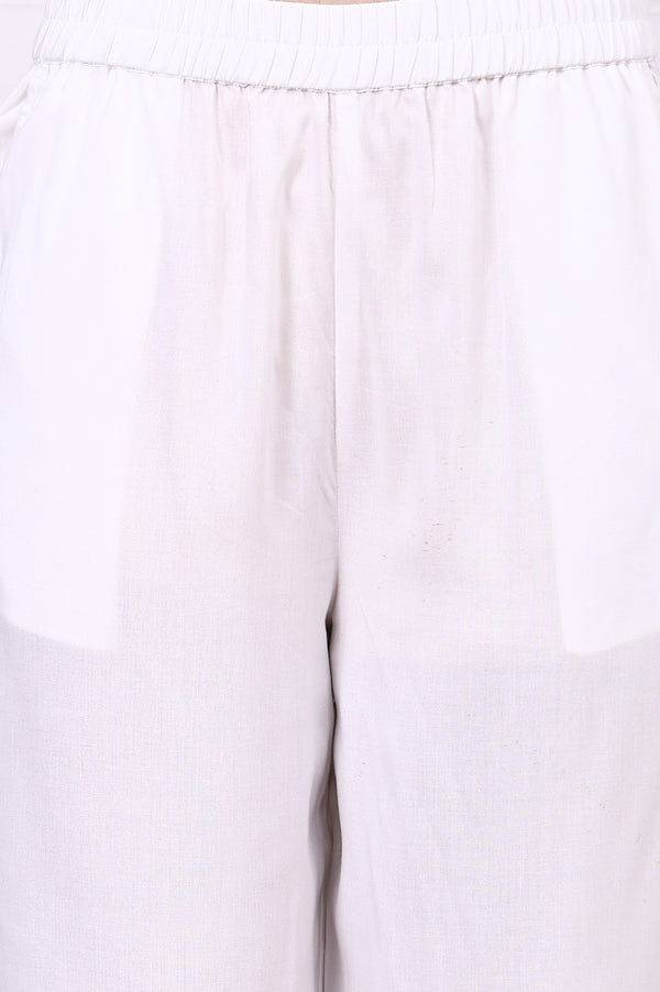 White Geometric Printed Cotton Rayon Straight Kurta, Trousers and Dupatta Set