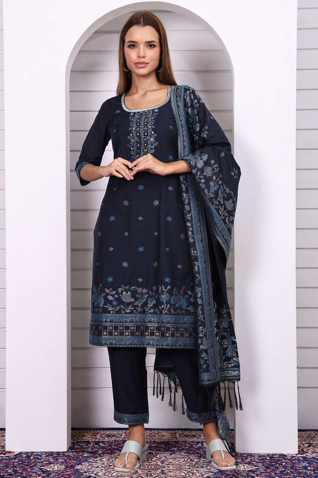 Blue Ethnic Motifs Printed Hand Work Jacquard Straight Kurta, Palazzo and Dupatta Set