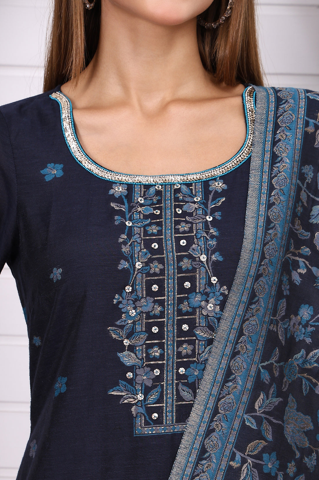 Blue Ethnic Motifs Printed Hand Work Jacquard Straight Kurta, Palazzo and Dupatta Set