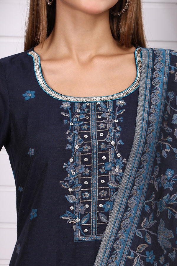 Blue Ethnic Motifs Printed Hand Work Jacquard Straight Kurta, Palazzo and Dupatta Set