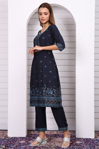 Blue Ethnic Motifs Printed Hand Work Jacquard Straight Kurta, Palazzo and Dupatta Set