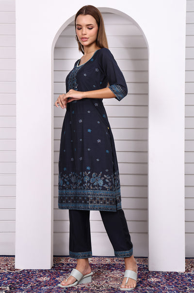 Blue Ethnic Motifs Printed Hand Work Jacquard Straight Kurta, Palazzo and Dupatta Set