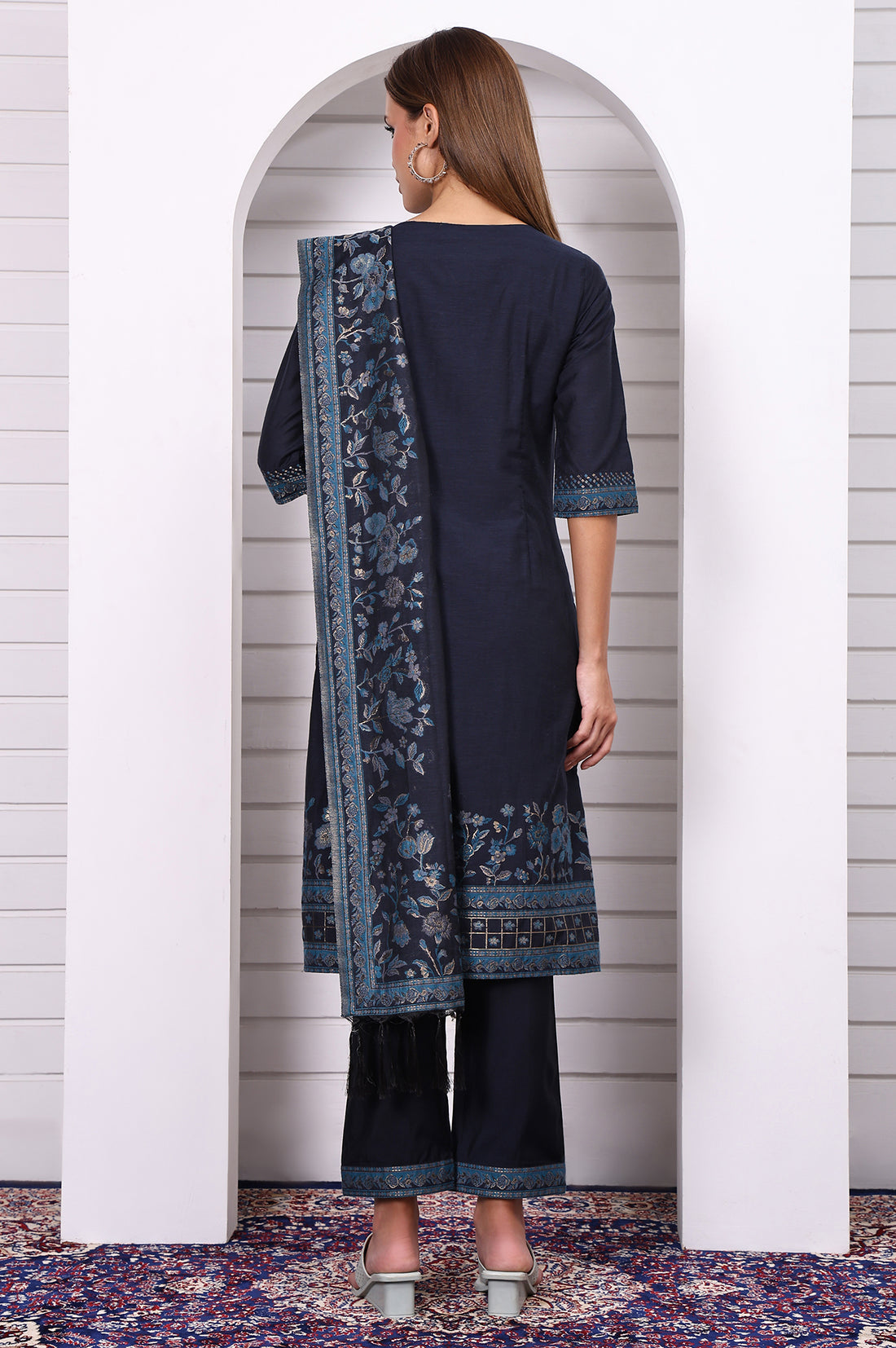Blue Ethnic Motifs Printed Hand Work Jacquard Straight Kurta, Palazzo and Dupatta Set