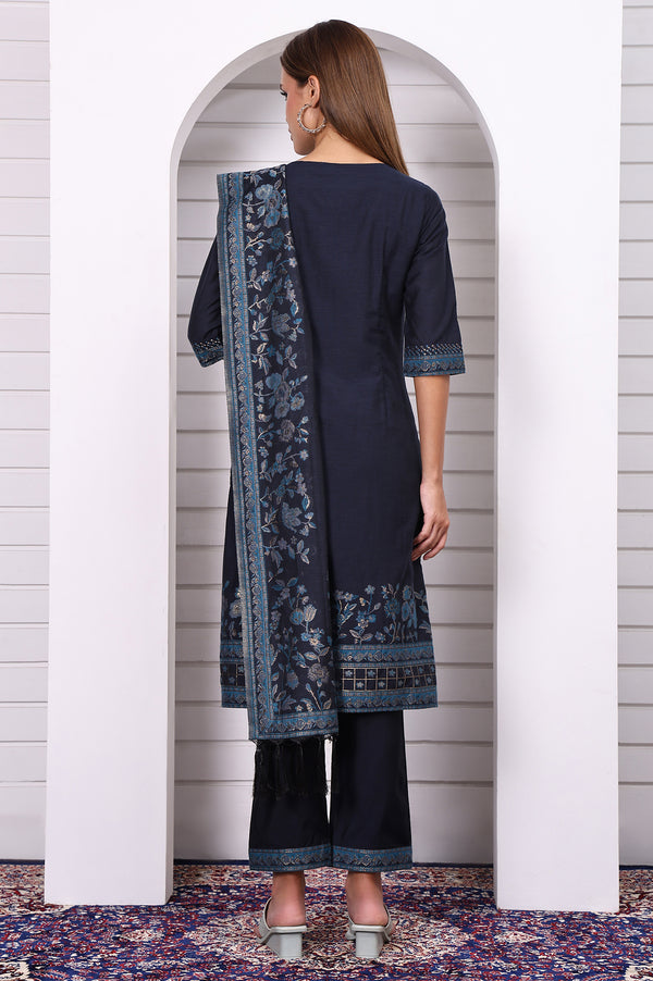 Blue Ethnic Motifs Printed Hand Work Jacquard Straight Kurta, Palazzo and Dupatta Set