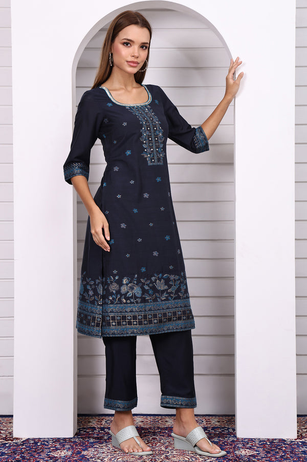Blue Ethnic Motifs Printed Hand Work Jacquard Straight Kurta, Palazzo and Dupatta Set