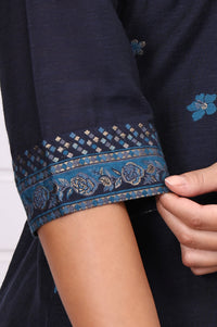 Blue Ethnic Motifs Printed Hand Work Jacquard Straight Kurta, Palazzo and Dupatta Set