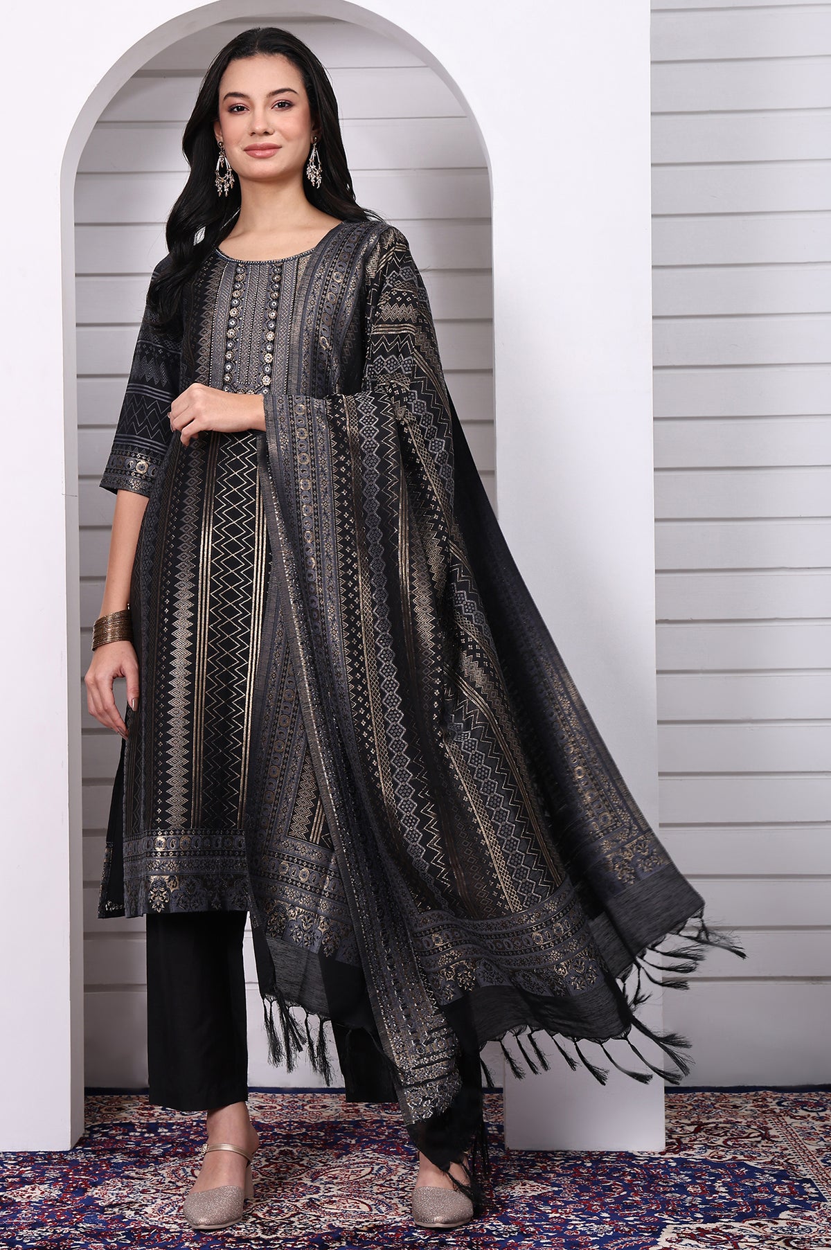 Black Geometric Printed Hand Work Jacquard Straight Kurta, Palazzo and Dupatta Set - S