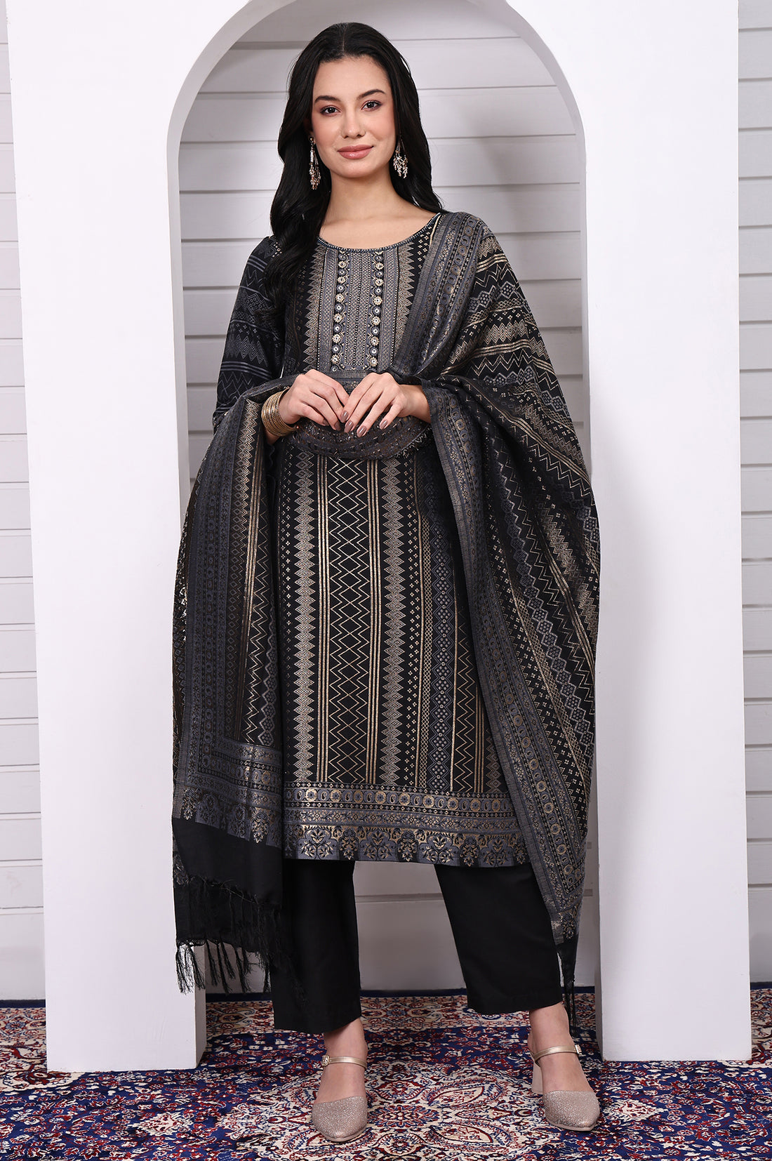 Black Geometric Printed Hand Work Jacquard Straight Kurta, Palazzo and Dupatta Set