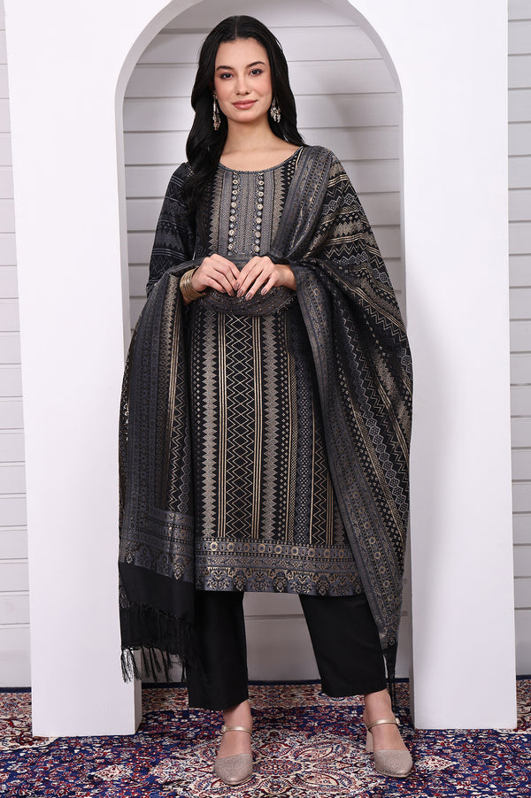 Black Geometric Printed Hand Work Jacquard Straight Kurta, Palazzo and Dupatta Set