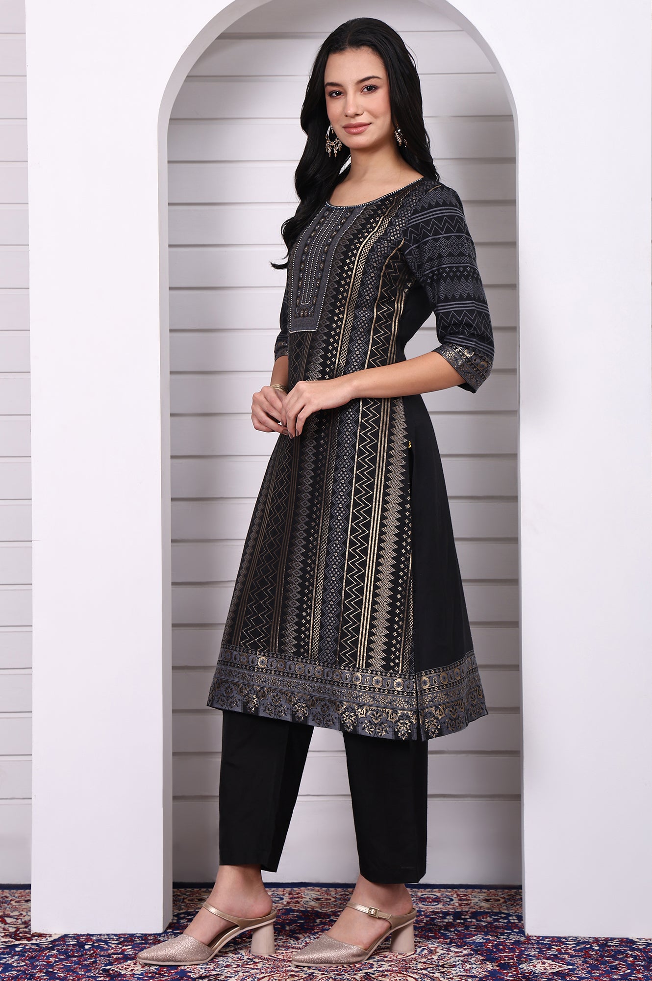 Black Geometric Printed Hand Work Jacquard Straight Kurta, Palazzo and Dupatta Set