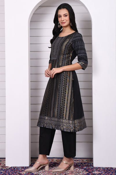 Black Geometric Printed Hand Work Jacquard Straight Kurta, Palazzo and Dupatta Set