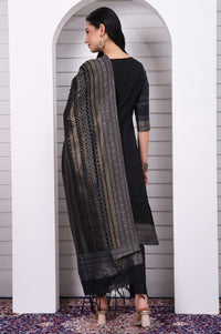 Black Geometric Printed Hand Work Jacquard Straight Kurta, Palazzo and Dupatta Set