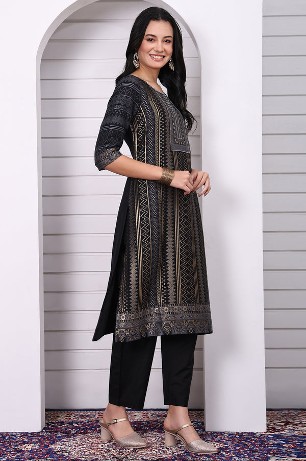 Black Geometric Printed Hand Work Jacquard Straight Kurta, Palazzo and Dupatta Set
