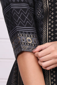 Black Geometric Printed Hand Work Jacquard Straight Kurta, Palazzo and Dupatta Set