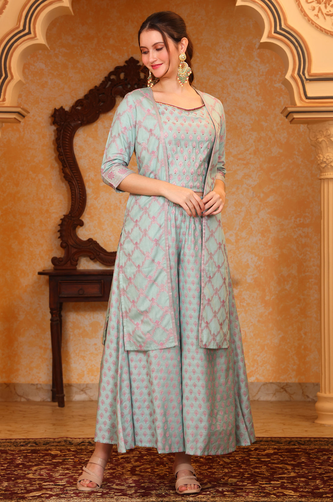 Blue Ethnic Motifs Embellished Straight Jacquard Spaghetti Crop Top, Jacket and Palazzo Set