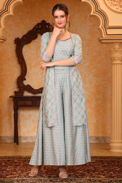 Blue Ethnic Motifs Embellished Straight Jacquard Spaghetti Crop Top, Jacket and Palazzo Set