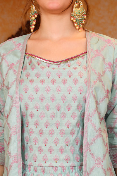 Blue Ethnic Motifs Embellished Straight Jacquard Spaghetti Crop Top, Jacket and Palazzo Set