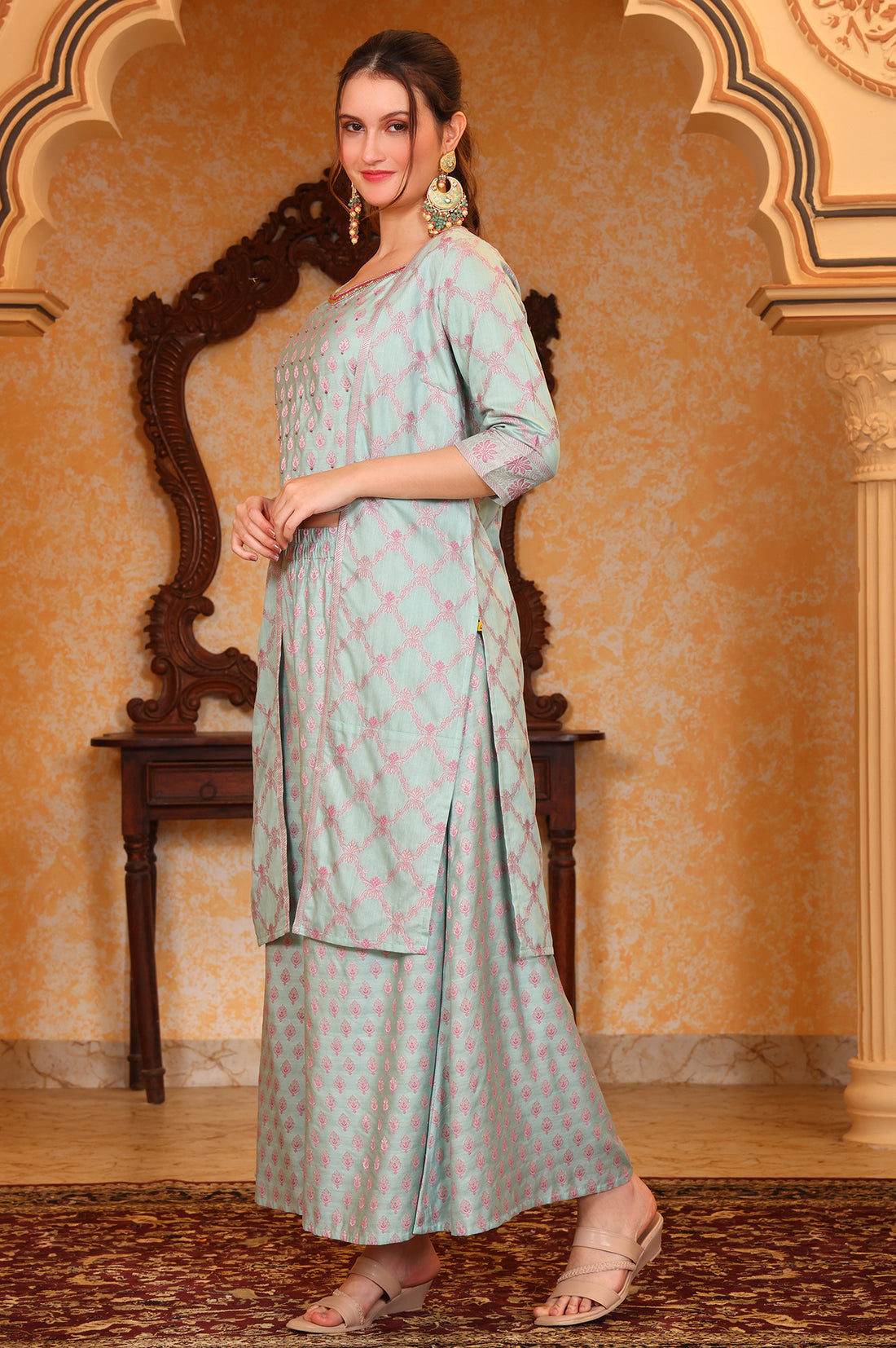 Blue Ethnic Motifs Embellished Straight Jacquard Spaghetti Crop Top, Jacket and Palazzo Set