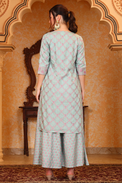 Blue Ethnic Motifs Embellished Straight Jacquard Spaghetti Crop Top, Jacket and Palazzo Set