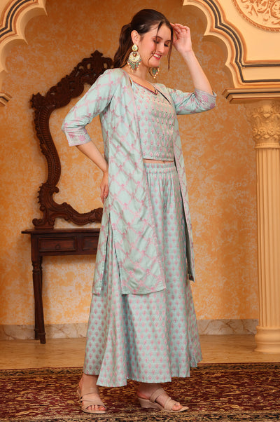 Blue Ethnic Motifs Embellished Straight Jacquard Spaghetti Crop Top, Jacket and Palazzo Set