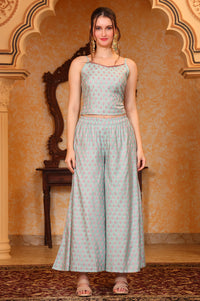 Blue Ethnic Motifs Embellished Straight Jacquard Spaghetti Crop Top, Jacket and Palazzo Set