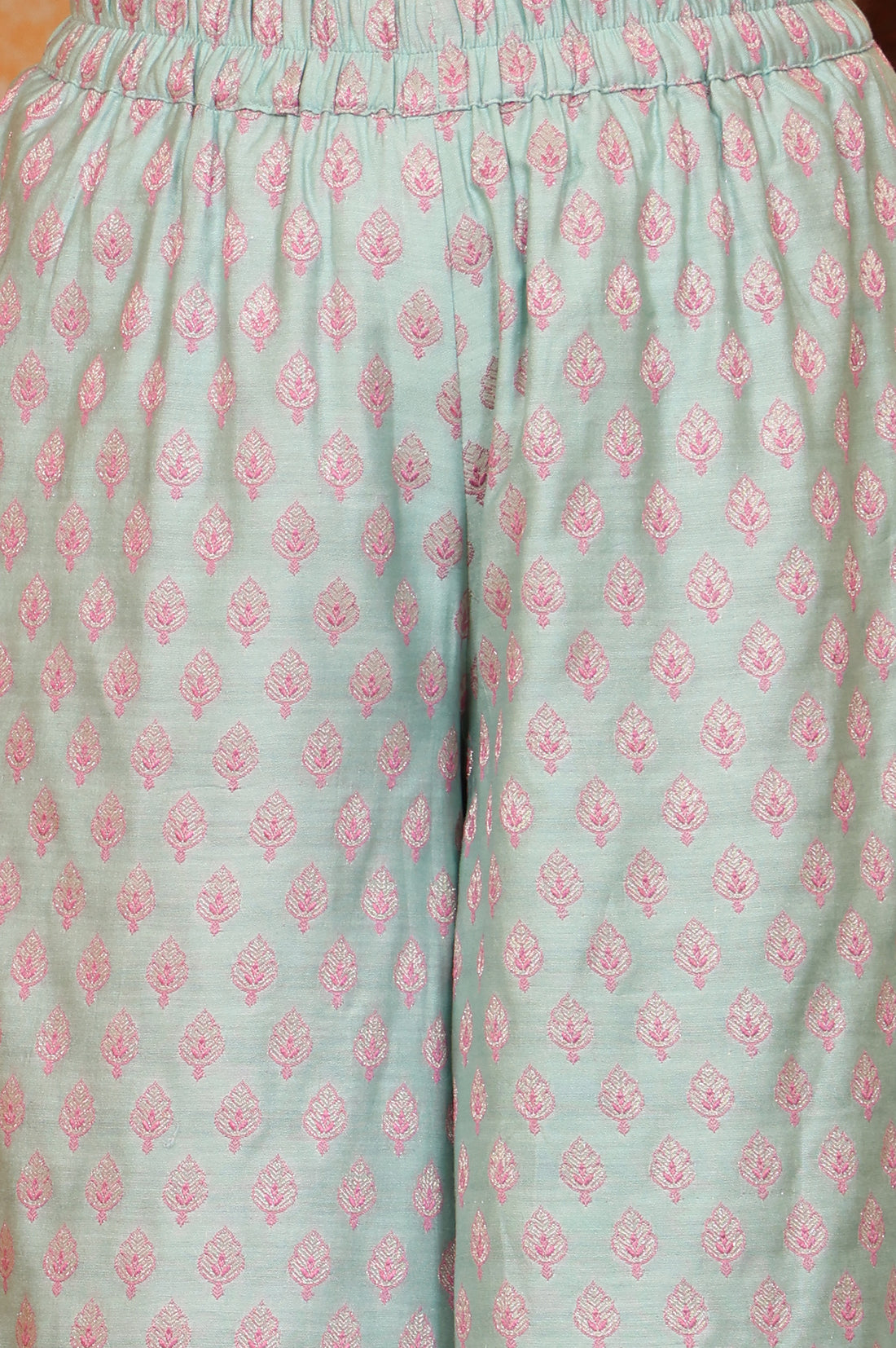 Blue Ethnic Motifs Embellished Straight Jacquard Spaghetti Crop Top, Jacket and Palazzo Set