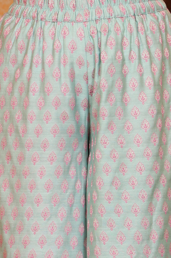 Blue Ethnic Motifs Embellished Straight Jacquard Spaghetti Crop Top, Jacket and Palazzo Set