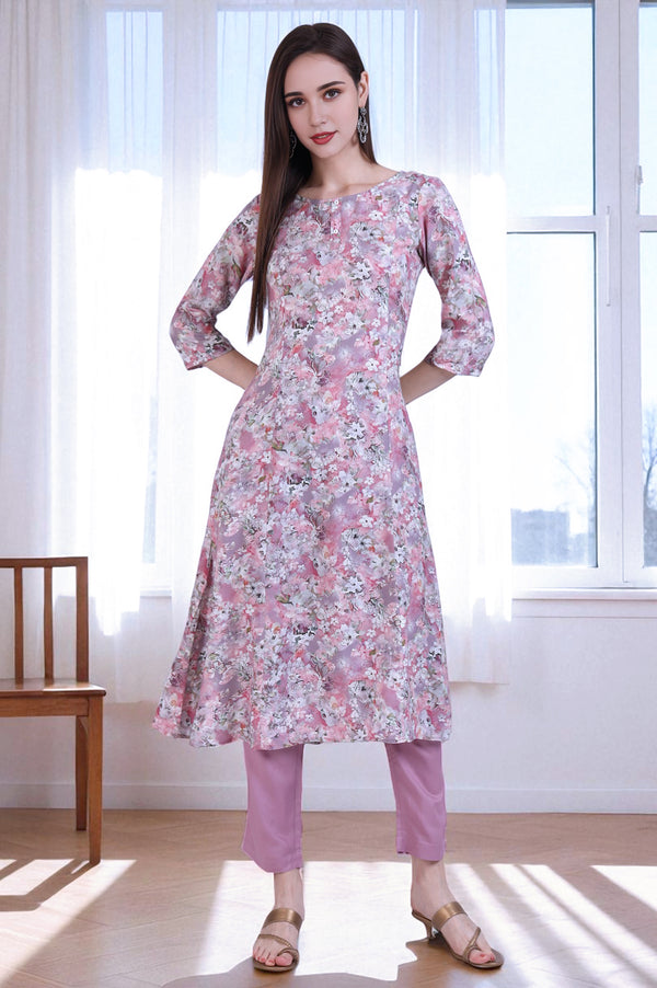 Pink Floral Printed Rayon A-line Kurta and Pants Co-ord Set