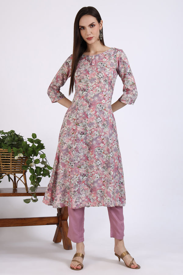 Pink Floral Printed Rayon A-line Kurta and Pants Co-ord Set