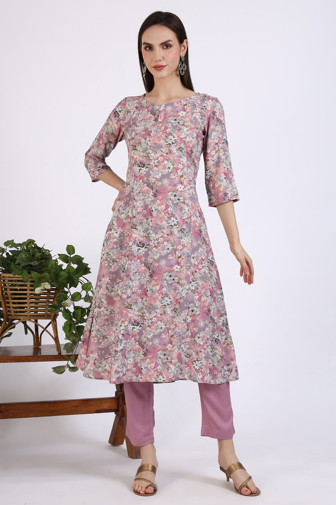 Pink Floral Printed Rayon A-line Kurta and Pants Co-ord Set