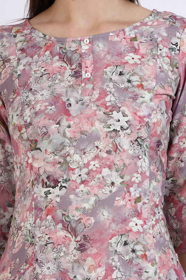 Pink Floral Printed Rayon A-line Kurta and Pants Co-ord Set